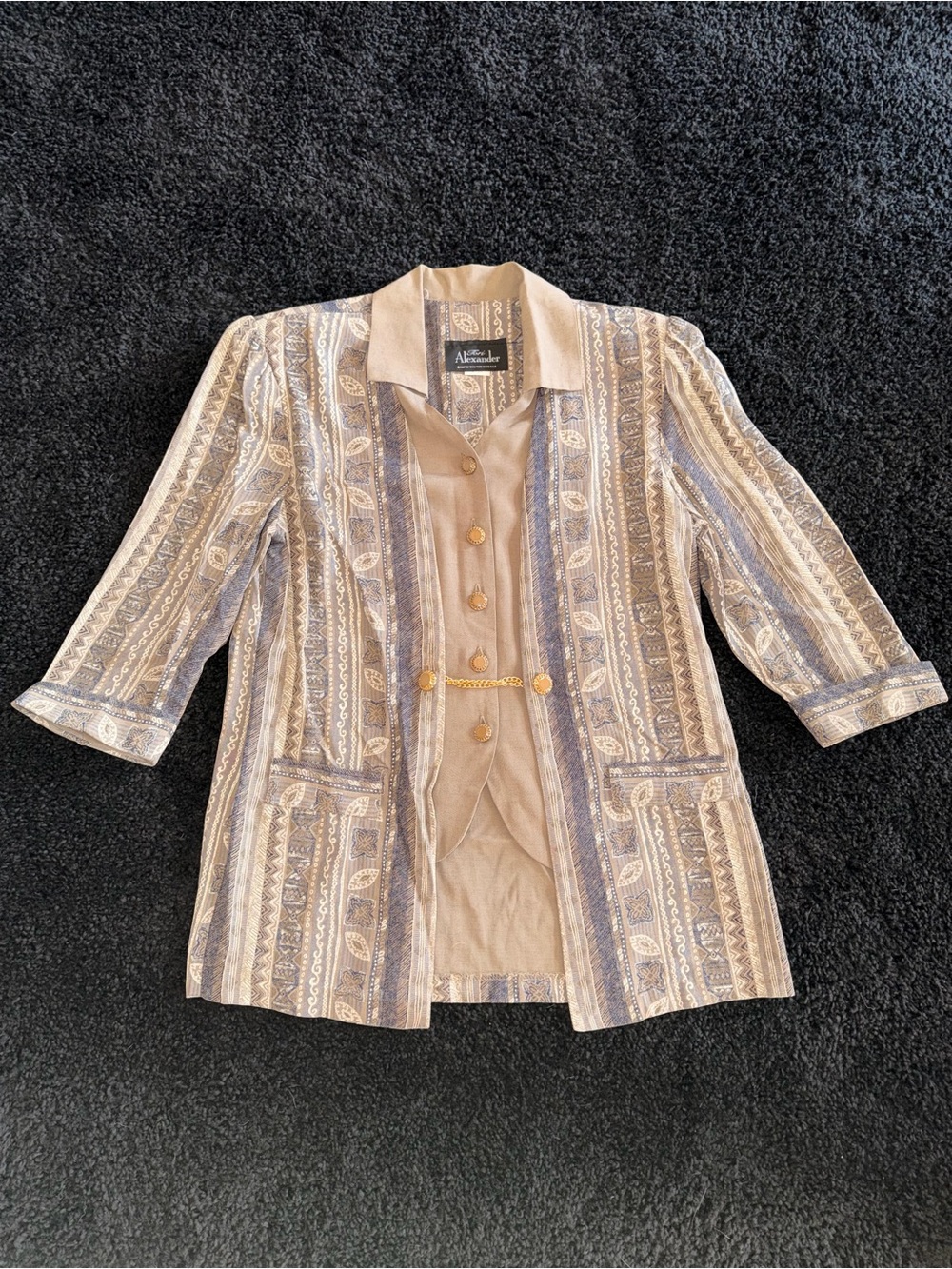 Vintage Tori Alexander 6 Petite Tapestry Blazer Faux Blouse Gold Chain Made USA
